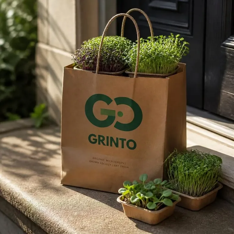 Kraft delivery bag of microgreens on a doorstep