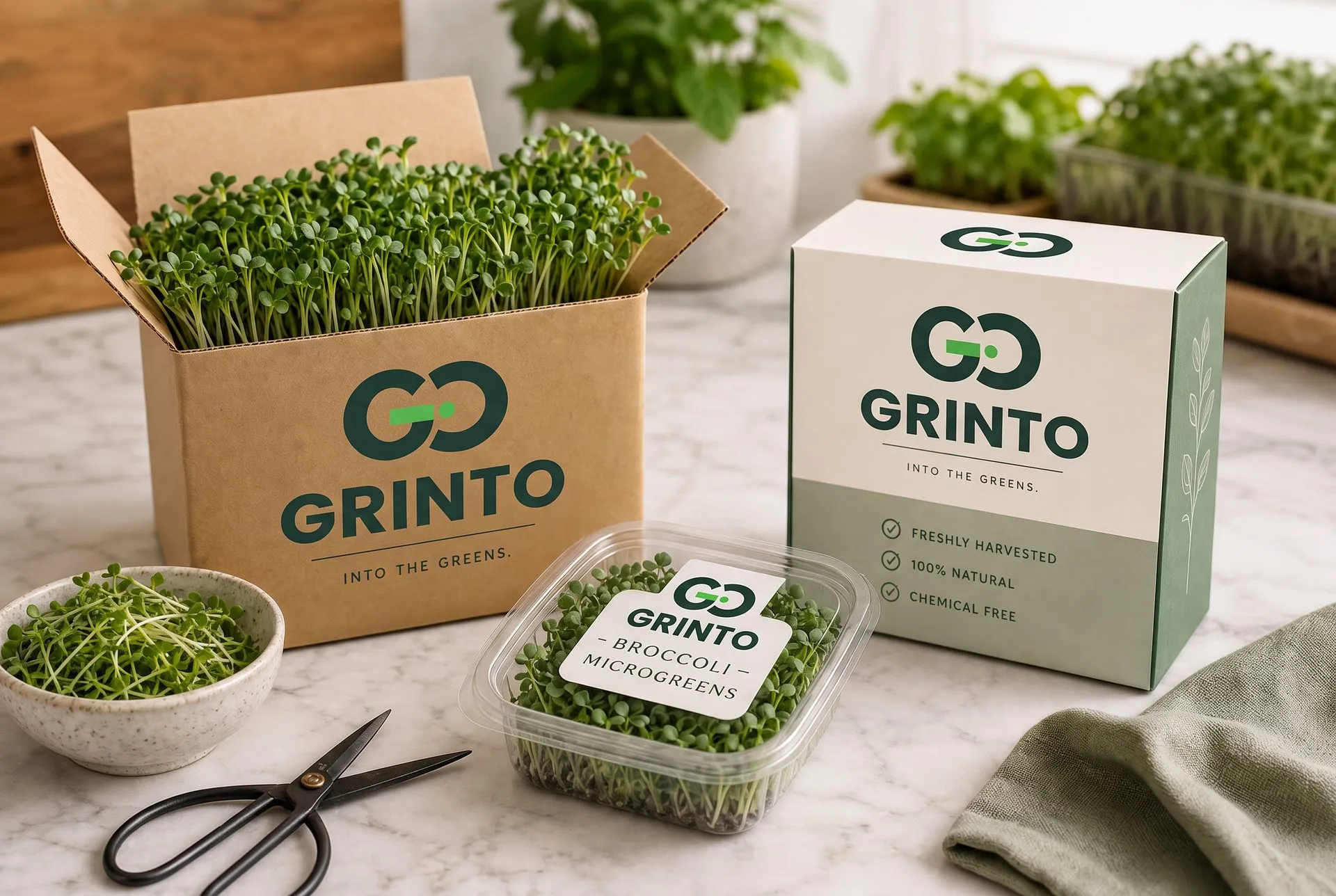 GRINTO branded kraft box and carton of freshly harvested broccoli microgreens on a marble counter