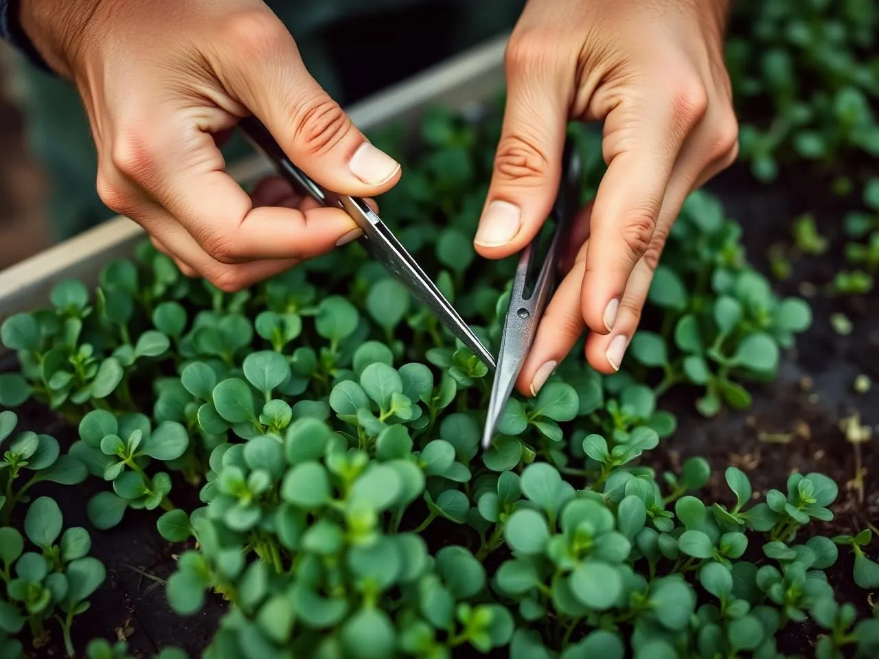 Hands harvesting microgreens with scissors
