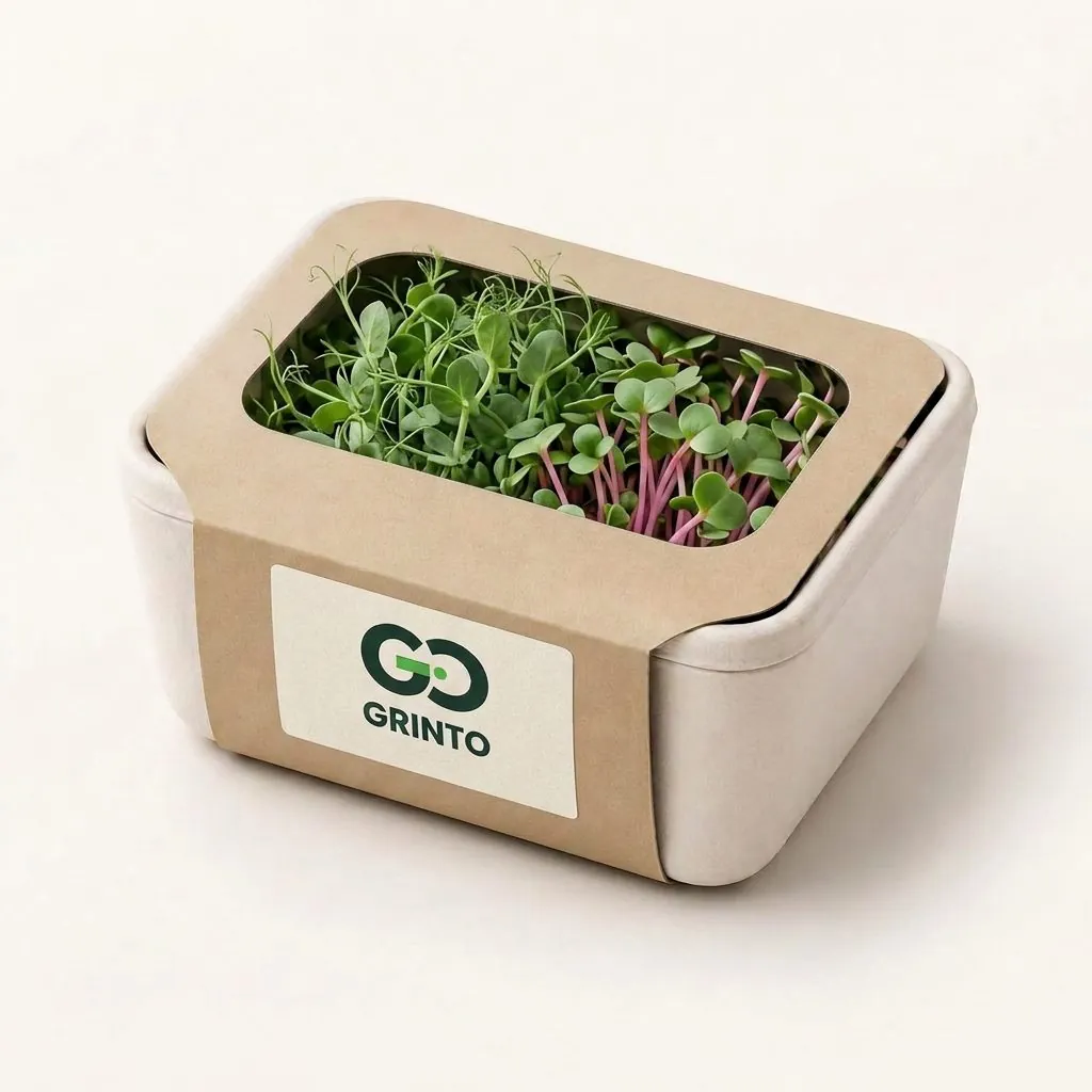 GRINTO compostable microgreens punnet with kraft sleeve
