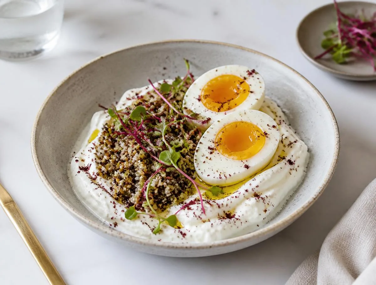 Breakfast bowl of yoghurt, grains, soft egg and radish microgreens