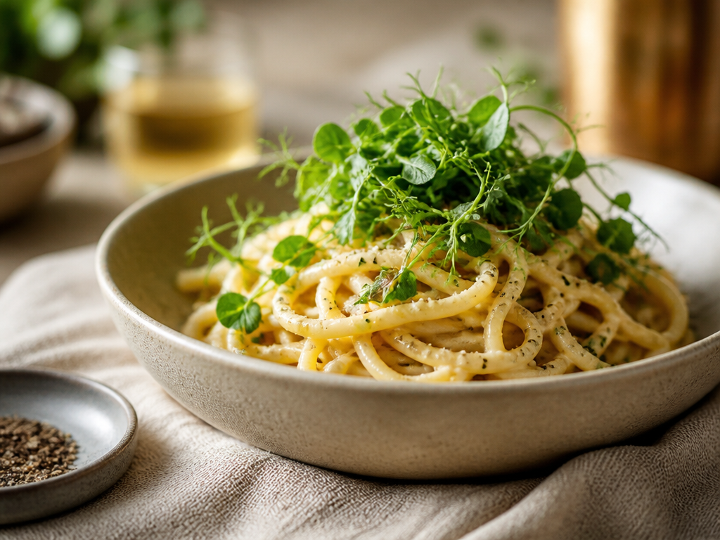 Cacio e pepe finished with fresh pea shoot microgreens