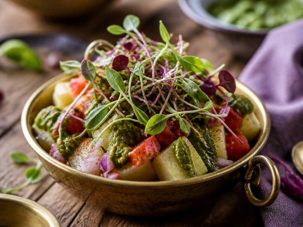 Indian microgreen chaat with potato, tomato and green chutney