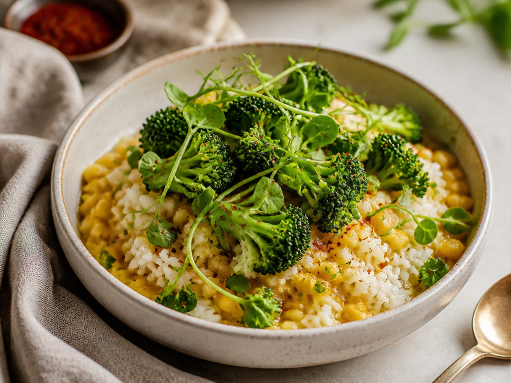 Comforting dal rice topped with broccoli and pea shoot microgreens