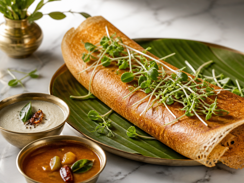 Crisp dosa topped with sunflower shoot microgreens, chutney and sambar