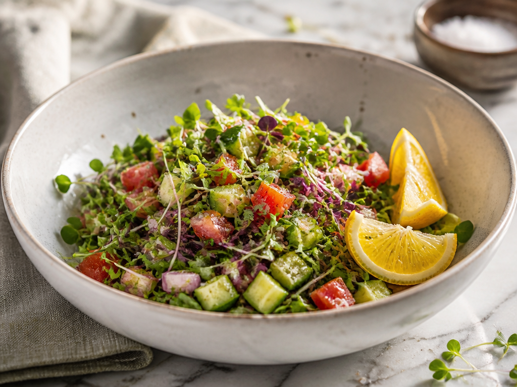 Fresh Indian microgreen salad with cucumber, tomato and lemon
