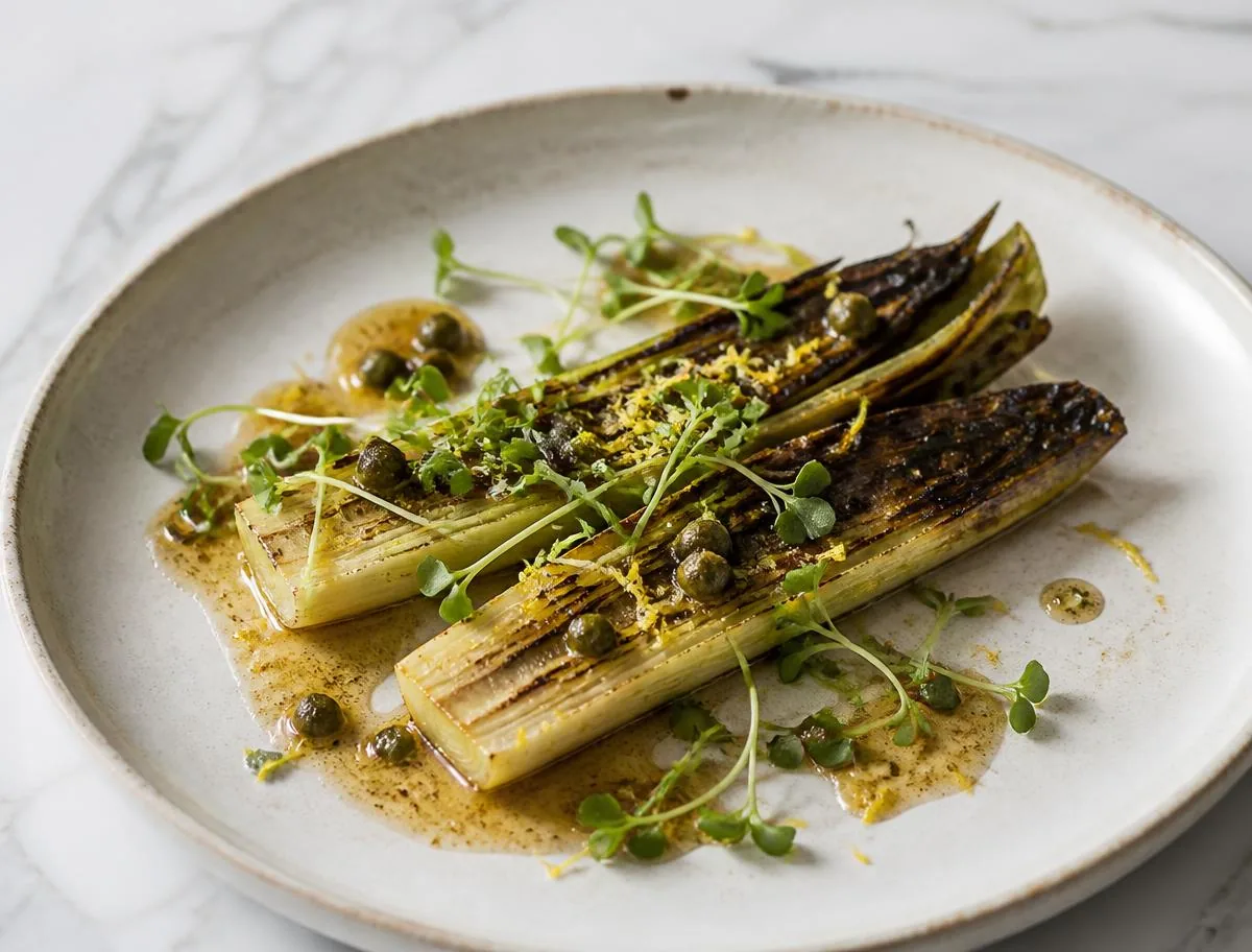 Charred leeks in brown butter scattered with broccoli microgreens