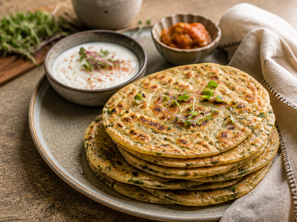Stack of golden microgreen parathas with yoghurt and pickle