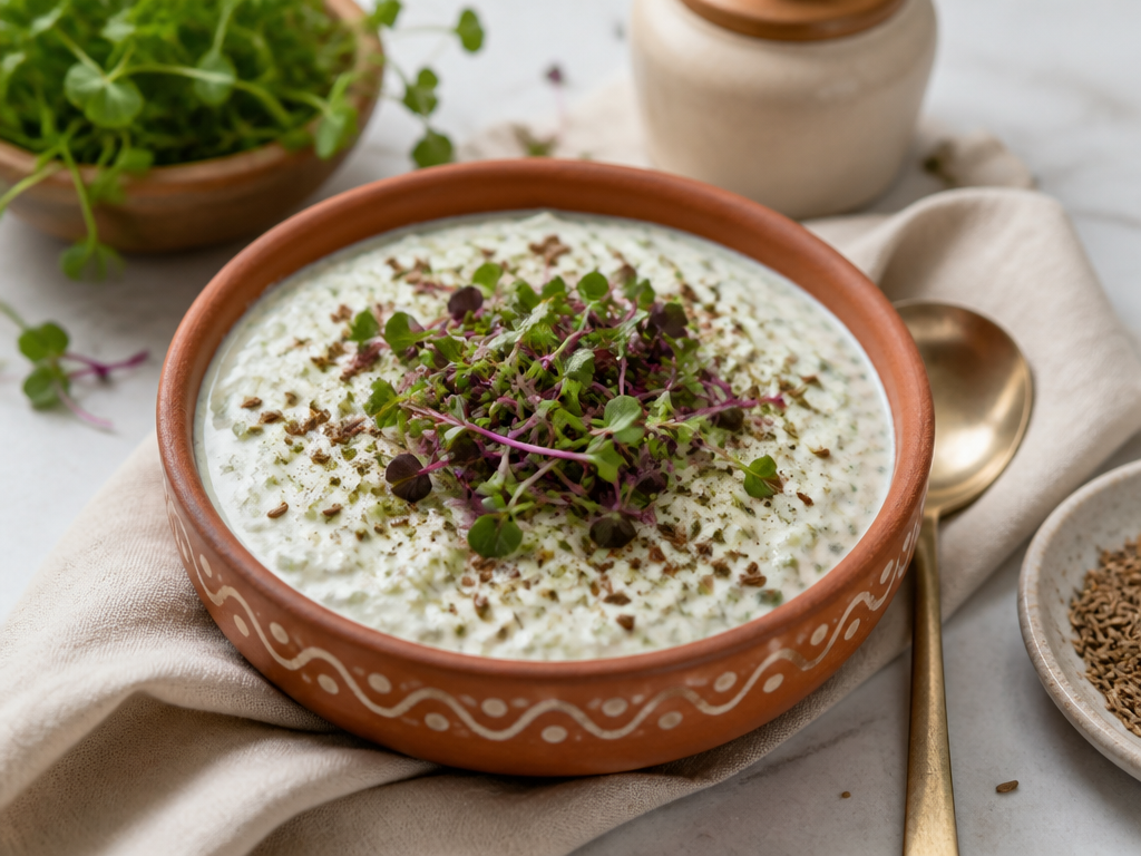 Cooling microgreen raita in a terracotta bowl with roasted cumin