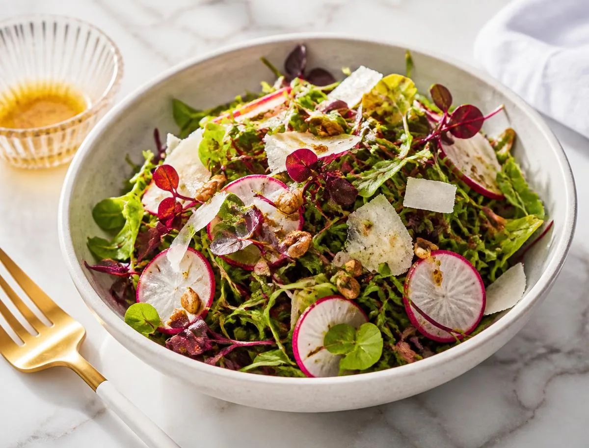 Rainbow microgreens salad with shaved parmesan and toasted seeds