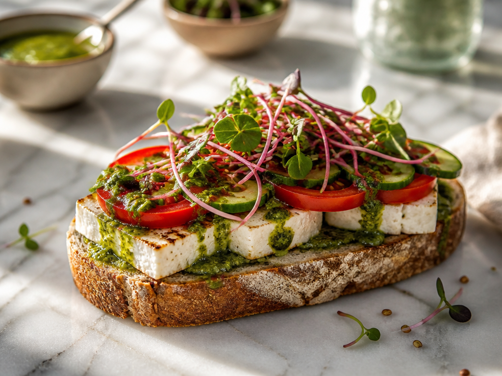 Open microgreen sandwich with paneer, tomato, cucumber and radish microgreens