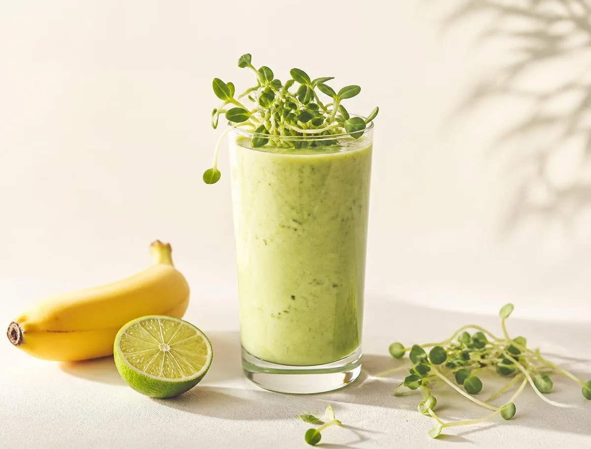 Green smoothie topped with sunflower shoot microgreens