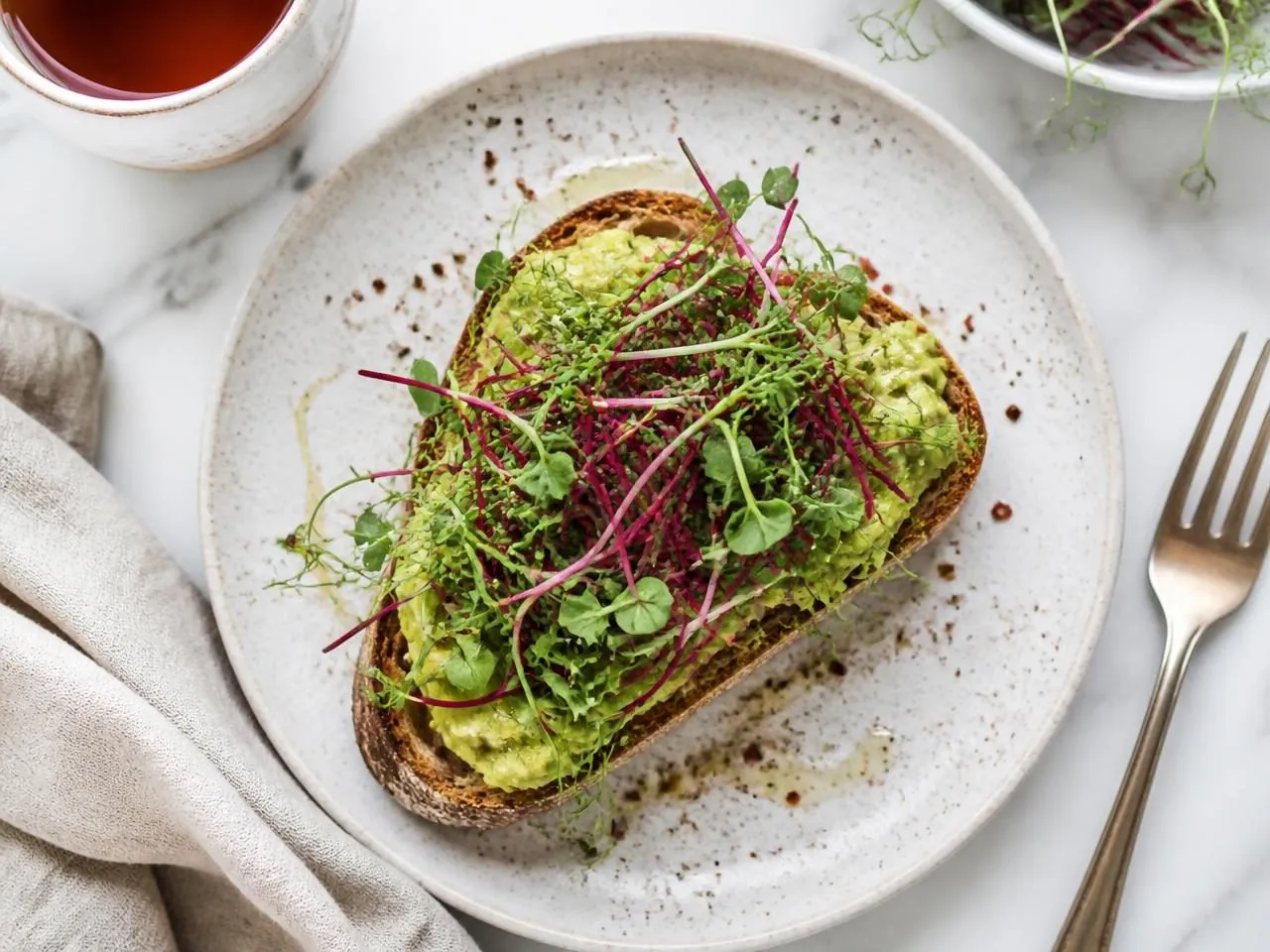 Avocado toast finished with a generous handful of microgreens